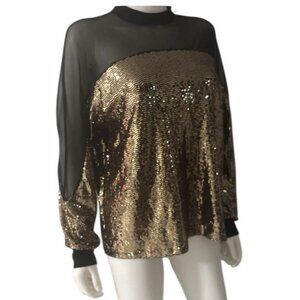 Nine West Black Gold Sequins Knit Sheer Mesh Long Sleeve Blouse Women’s size L